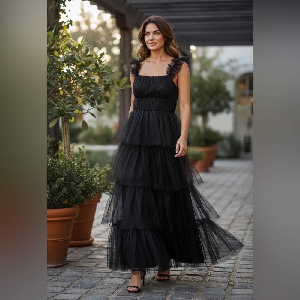 Lulus Black Mesh Tulle Tiered Ruffled Maxi Dress Womens